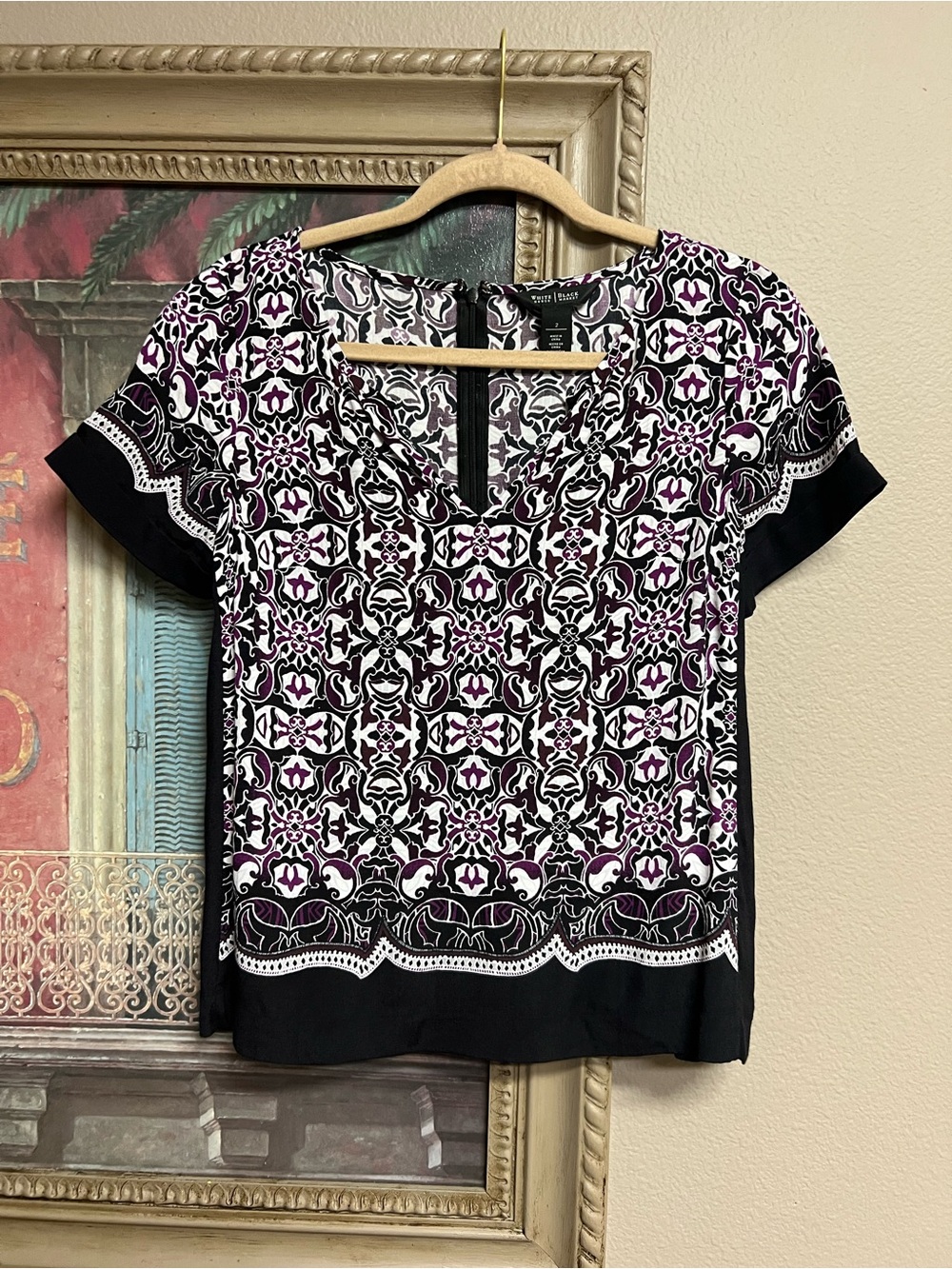 White House Black Market Black, White & Purple Printed Short Sleeve Blouse